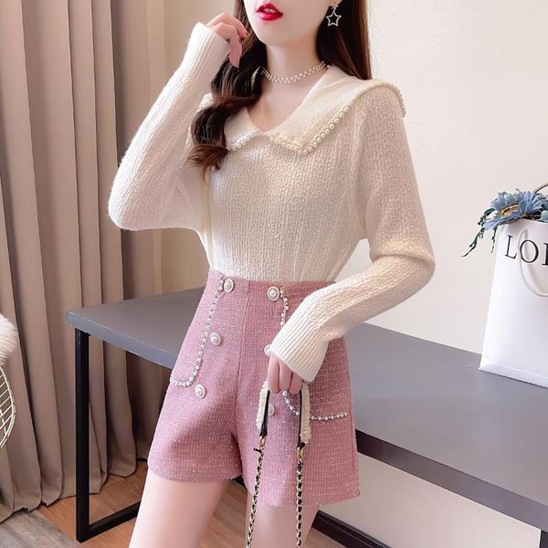 

women's tracksuits fall shorts suits heavy industry beaded fresh sweet style doll neck sweater high waist wide leg two piece set, Gray