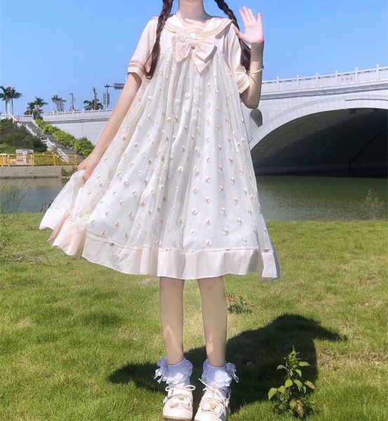 

women's t-shirt teenagers soft girl women summer kawaii sailor collar chest bowknot daisy floral empire lolita y zomer jurk rygg, White