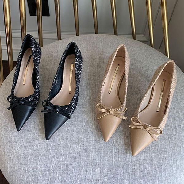 

metal heels bow-knot pumps pointed toe patchwork tacones ladies shoes office mixed color plaid thin med-high heels shoes women, Black