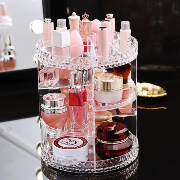 

acrylic cosmetic storage box 360 degree rotating stand deskmakeup display rack for (large, diamond pattern)