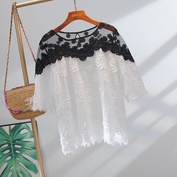 

vanovich hollow embroidered women blouses summer stitched cotton lace round collar korean style clothing 210615, White