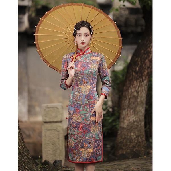 

ethnic clothing 2021 printed cheongsam with clothes retro improvement medium-long folk style young girls, Red