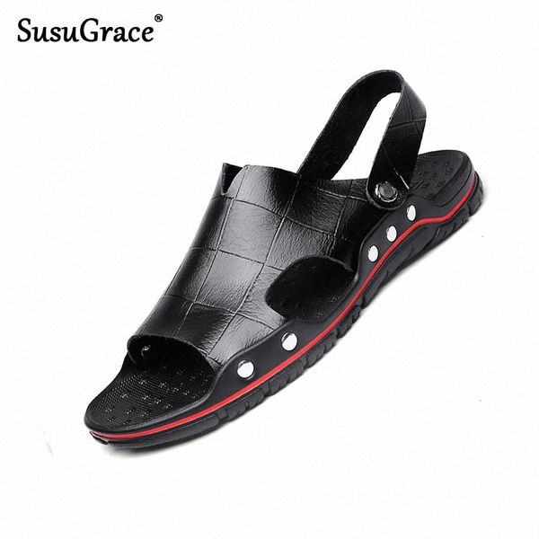 

susugrace summer men slippers leather sandals sneaker outdoor shoes lightweight soft plus size retro flat breathable comfortable b56q#, Black