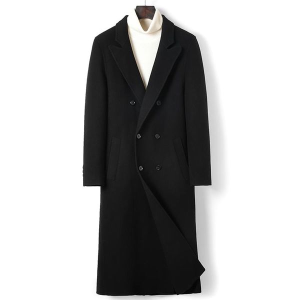 

men's wool & blends 2021 mid-length woolen overcoat for men double breasted england style cacual winter fashion 100% black jacket