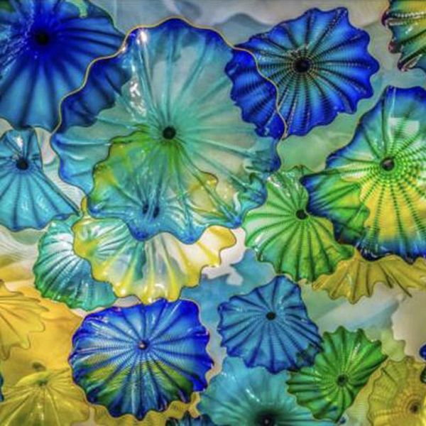 

wall lamp nordic murano glass plate abstract flower design blue green yellow color mouth blown platters diameter 20 to 45 cm