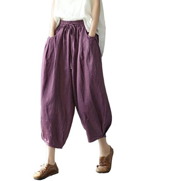 

women's pants & capris fairynatural japan style summer ladies linen retro harem trousers women yellow loose pantalons elastic waist ove, Black;white