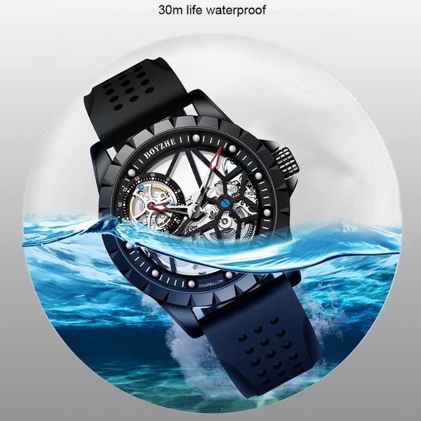 

wristwatches boyzhe design automatic watches with skeleton dial silicone strap waterproof big hollow out watch sports relogio masculino, Slivery;brown