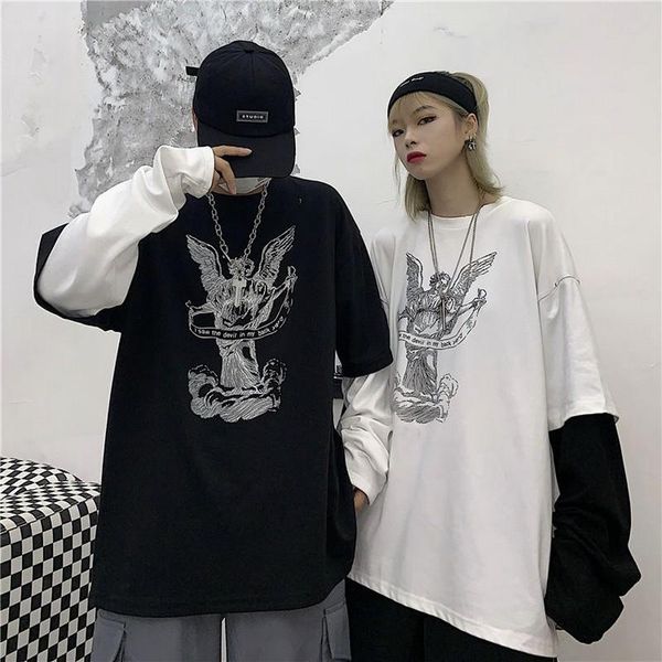 

nicemix korean fake two-piece long-sleeve women clothes cartoon print vintage couple tees hip hop street o-neck oversize tshirt, White