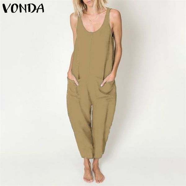 

long jumpsuits vonda women fashion solid summer rompers sleeveless vintage casual wide leg pants loose dungarees 5xl, Black;white