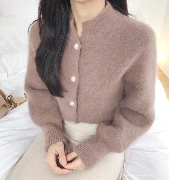 Auutmn Chic Perle Perline Mohair Maglione Cardigan lavorato a maglia con maniche a lanterna Top oversize di alta qualità 210529