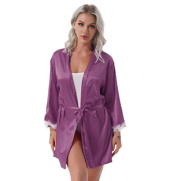 

women's sleepwear pijama satin night dress women sleep robe nightwear solid belted kimono feather trim long sleeve casual bathrobe spri, Black;red
