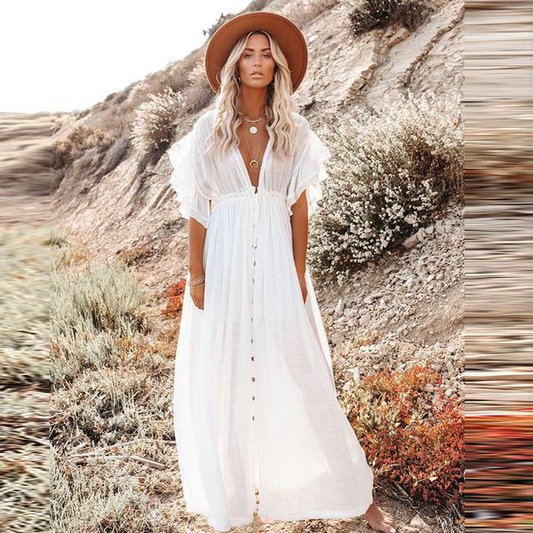 

women's swimwear sale women tunic robe cover up dress deep v hollow out long beachwear lady's waist rope skirt sun bathing suit, White;black