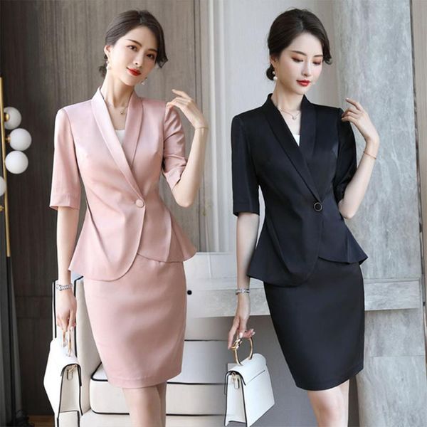 

womens skirt suit plus size office ladies professional pink black blazer elegant formal business work 2 piece set clothes female, White