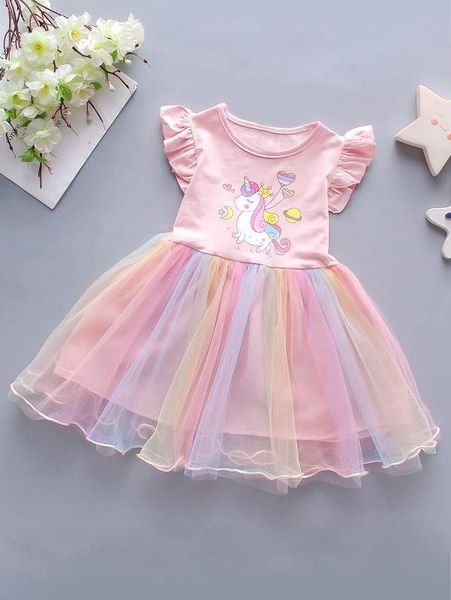 

toddler girls cartoon unicorn print mesh panel dress she, Red;yellow
