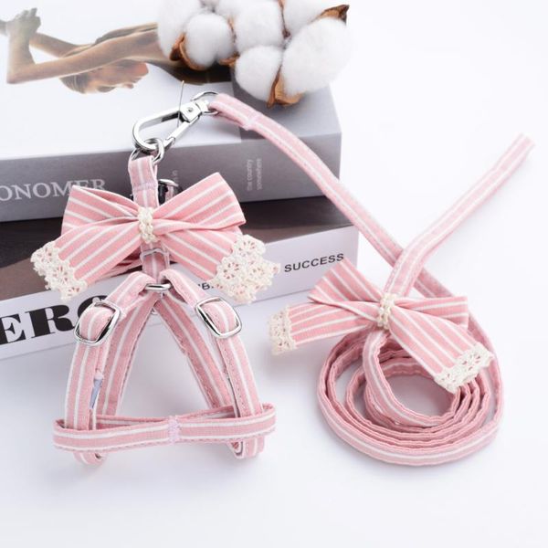 

cat collars & leads pink stripe dog and harnesses cotton bows girl boy pet leash set outdoor walking for pitbull chihuahua s m accessories