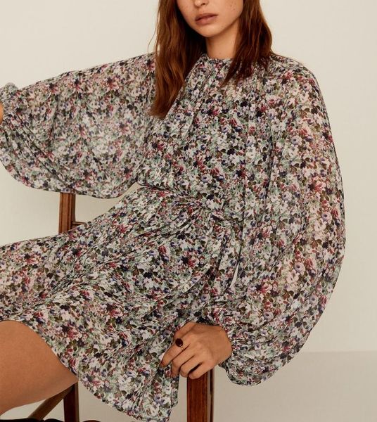 

casual dresses for women 2021 fall floral print long sleeve dress korean fashion commute o-neck puff sashes loose mini, Black;gray