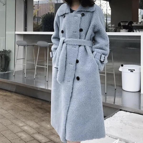 

women's fur & faux [ewq] korea chic 2021 shearing coat long woolen lapel double breasted sleeve female tide 16e3928, Black