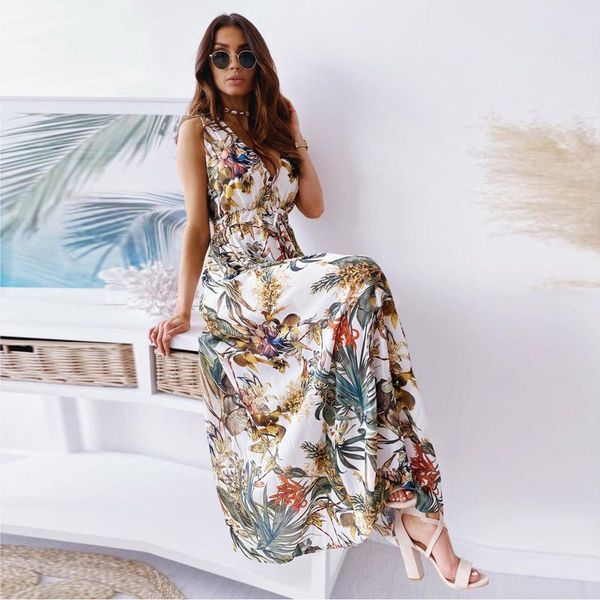 

casual dresses fashion dress 2021 vintage lace-up v-neck sleeveless elastic wait printing bohemia backless long ankle-length, Black;gray