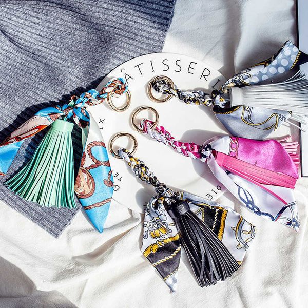

fashion key chain floral printed silk scarf panelled tassel key rings car keychains women bag purse chain pendant charm jewelry accessories, Slivery;golden
