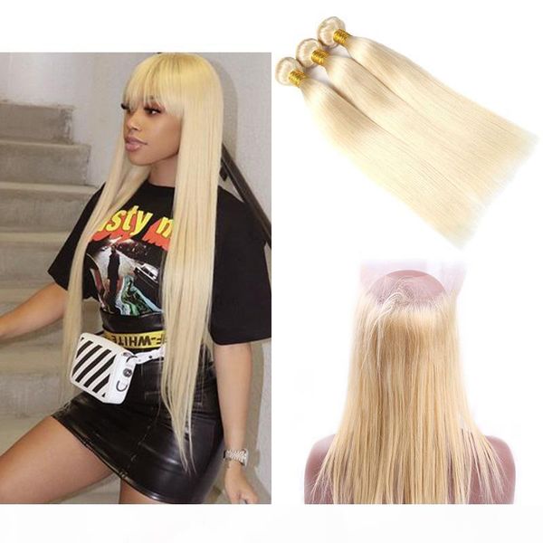 

cuticle aligned brazilian virgin hair #613 blonde bundles with 360 lace frontal closure silky straight bundles and 22.5*4*2 inch frontal, Black;brown