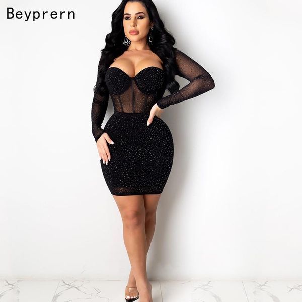 

casual dresses beyprern glam rhinestone details short party dress womens long sleeve see-through crystal skinny club chirstmas outfits, Black;gray