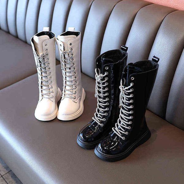 Inverno 2021 nova versão coreana de Big Girl Botas de algodão e lacing lenging zipper de couro brilhante laço alto botas G1210