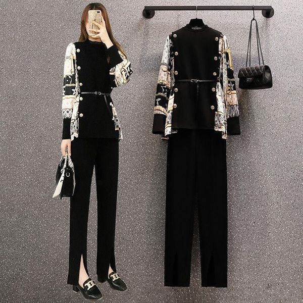 

women's two piece pants large size women 's clothing 2021 autumn style fat sister western slimming patchwork casual - suit, White