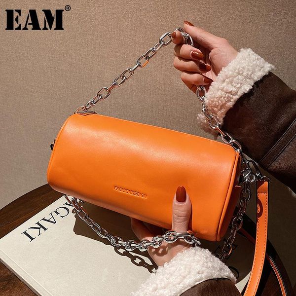 

cross body [eam] women barrel-shaped metal chains pu leather personality all-match crossbody shoulder bag fashion tide 2021 18a2118
