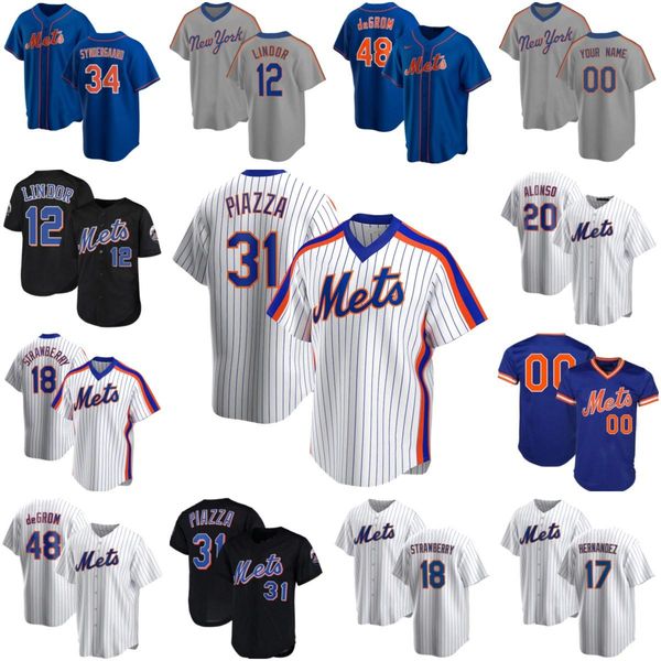 

12 francisco lindor new 20 pete alonso 48 jacob degrom york mike piazza mets noah syndergaard darryl strawberry baseball jerseys z9, Blue;black