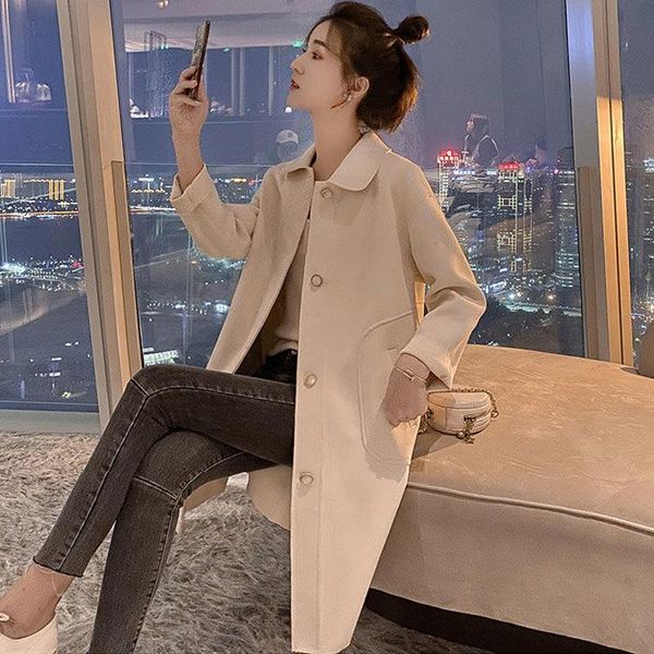 

women's trench coats 2021 spring and autumn all-match mid-length over-the-knee windbreaker lapel pink buttoned ladies jacket korean clo, Tan;black