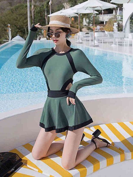 

korean ins one triangle skirt two piece long sleeve conservative small cht cover belly show thin student spring swimsuit girl, White;black