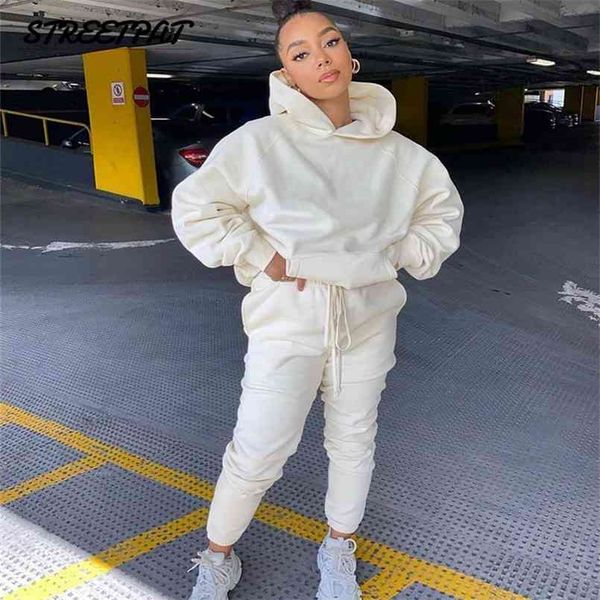 

winter oversize two piece set women fleece long sleeve hoodie sweatshirts sweatpants pants jogging femme hoodies tracksuits 210819, White