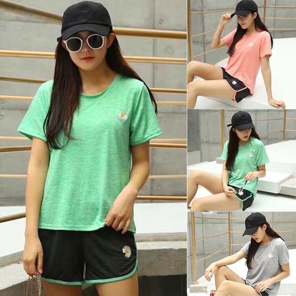 

newly women quick drying short sleeve round collar t-shirt with shorts for summer sports fif66, Gray