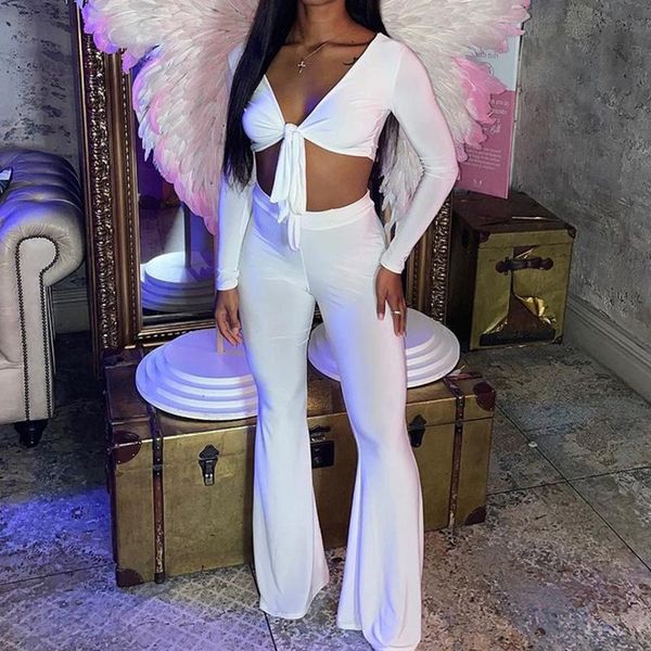 

women's two piece pants autumn 2 ladies solid white set fashion long sleeve v neck lacing crop flared women outfits street clubwear