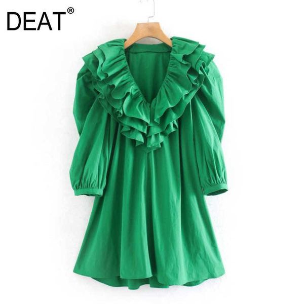 

[deat] spring fashion women v-neck high waist ruffles three quarter solid color simple style dress 13w139 210527, Black;gray