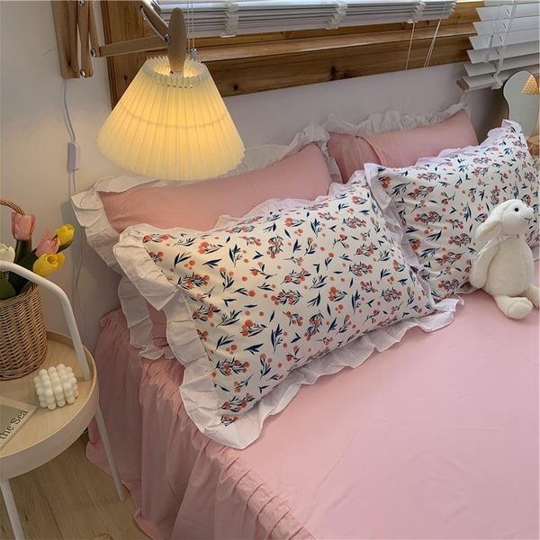 

1pcs rectangle pillow cover lace ruffle girls pillow case solid color standard princess pillowcases bedding home textile 48x74cm
