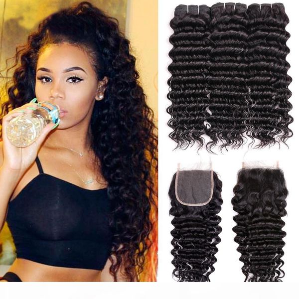 

beau diva 8a deep wave 3 bundles with closure unprocessed brazilian virgin hair remy human hair bundles with 4x4 lace closure, Black;brown