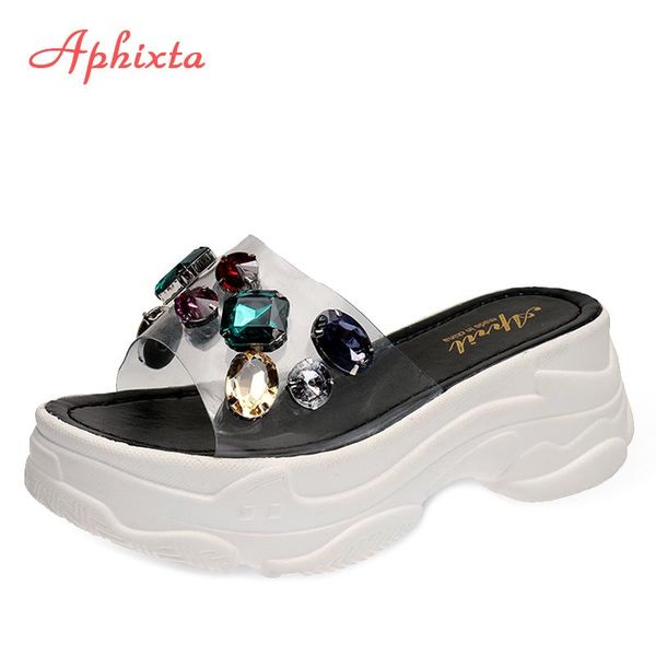 

slippers aphixta luxury diamond design women transparent wedge heels mulers female summer platform sandals shoes slides, Black