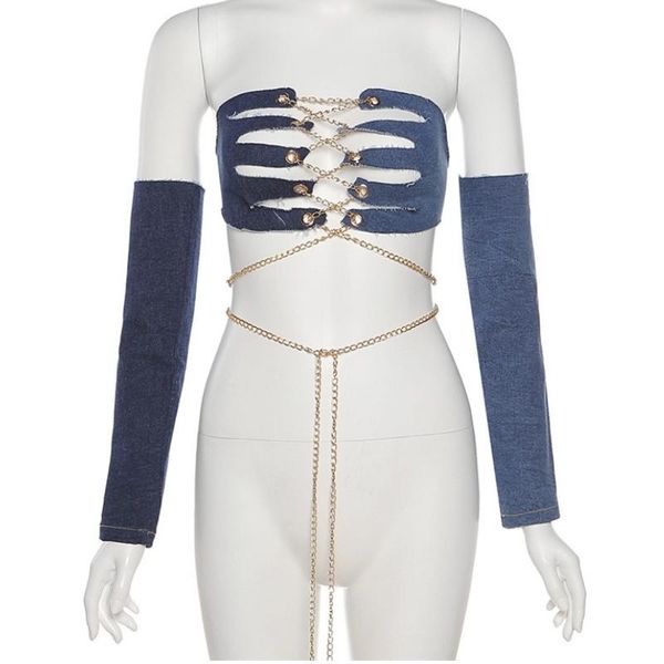 

women's t-shirt fashion hollow out bandage denim women crop top, White