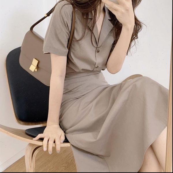 

women two piece set skirt short sleeve single breasted turn down collar and high waist a line vintage long skirt 2, Gray