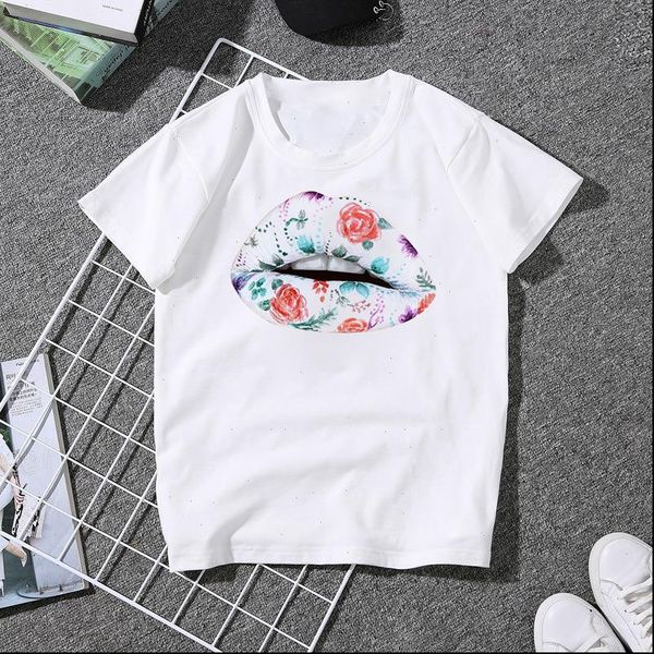 

floral lip print summer short sleeve casual white t shirts 3d lip graphic tees femme cotton streetwear girls tees