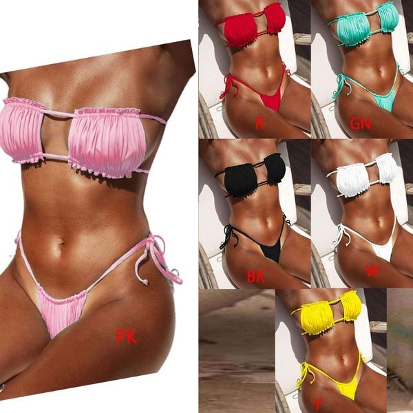 

women's swimwear women 2pcs solid bikini set ruched strapless hollow out bandeau swimsuit, White;black