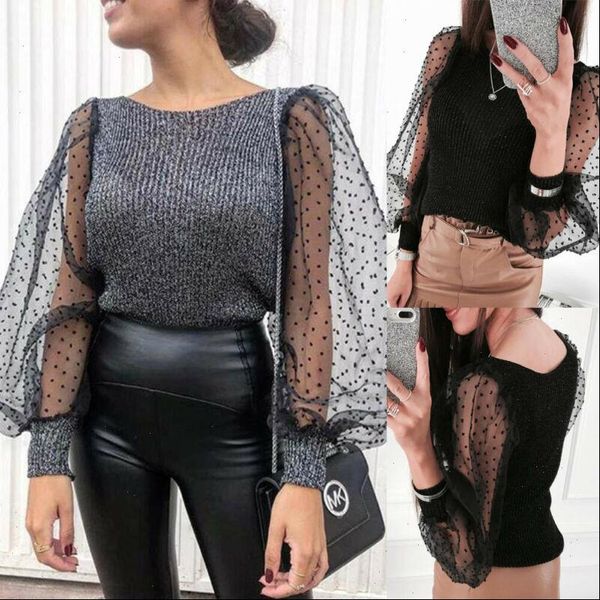 

autumn women knitted shirts lace mesh lantern sleeve blouse elegant polka dot long sleeve o neck jumper casual female pulloves, White