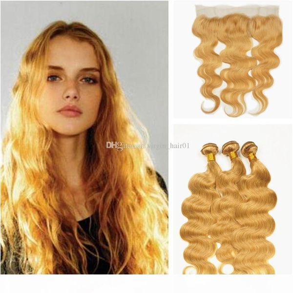 

body wave honey blonde lace frontal with bundles 9a virgin brazilian human hair with ear to ear lace frontal closure 4pcs lot, Black;brown