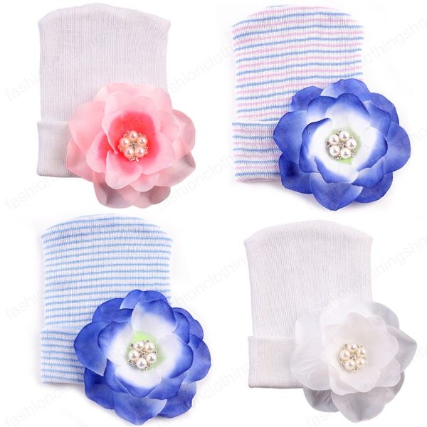

newborn baby crochet hats big flowers beanie cute baby girl pearl rhinestone knitting stripe cotton hedging caps 0-6m, Yellow