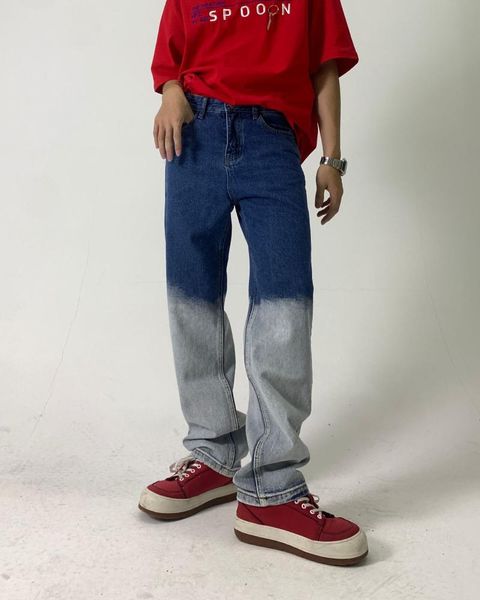 

men's jeans distinctive denim wide leg fashion patchwork hip hop baggy streetwear man straight trousers cargo pants, Blue