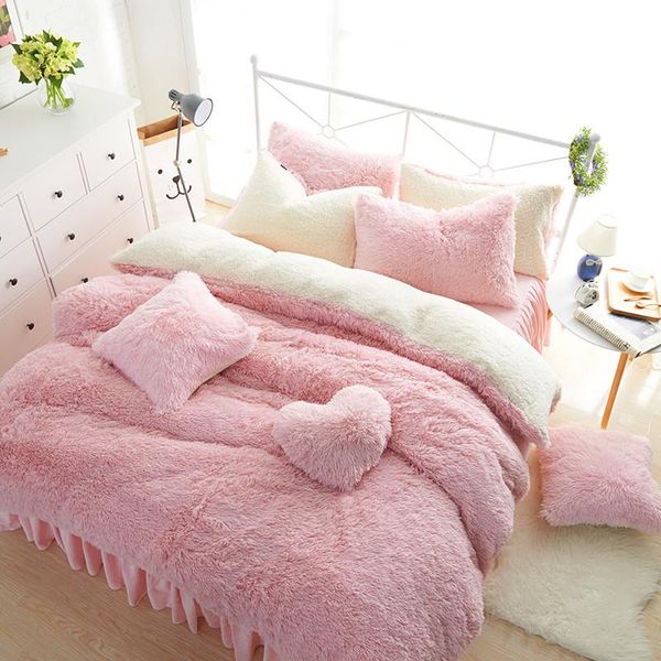 

bedding sets princess style white pink fleece set twin  king size girls bed duvet cover bedlinen skirt parure de lit