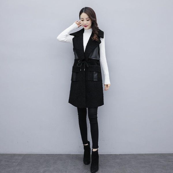 

women's vests korean fashion winter vest coat autumn faux leather jacket women lamb wool long female wear waistcoat warm parka pull fem, Black;white