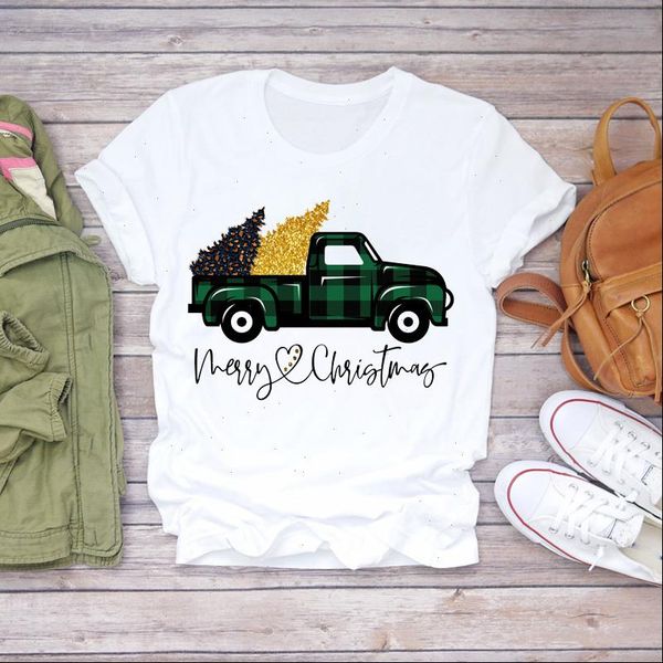 

women t shirts plaid tree truck 90s kawaii holiday merry christmas print lady womens graphic t shirt female tee t shirt, White