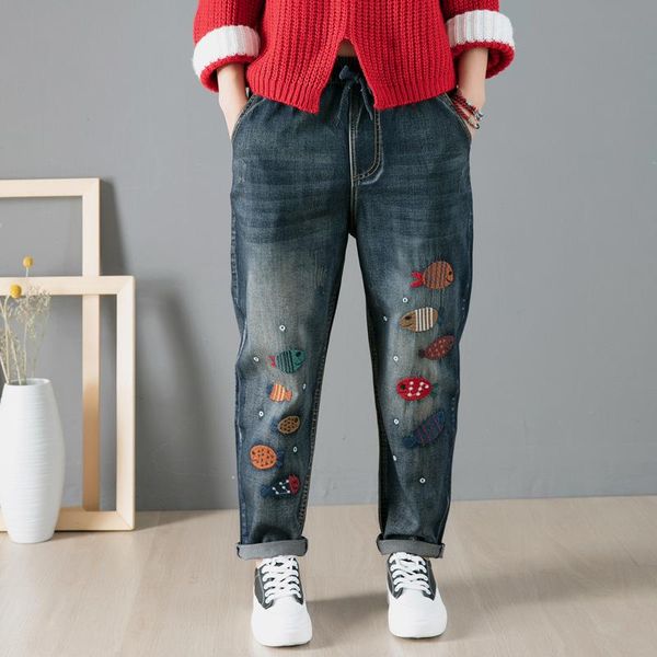 

women's jeans spring fall vintage cartoon fish embroidery denim elastic waist women harem office lady large size blue pants rv644